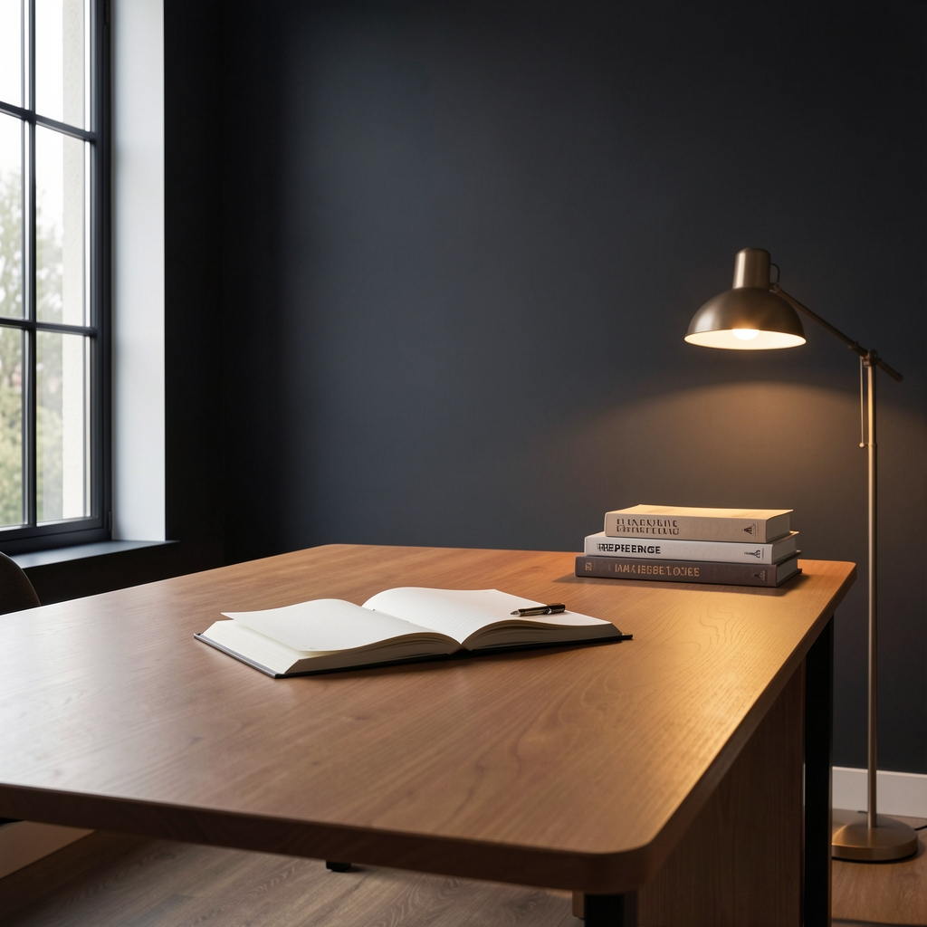 Editorial workspace with open notebook, fitness journal, and laptop on a dark wooden desk with studio lighting