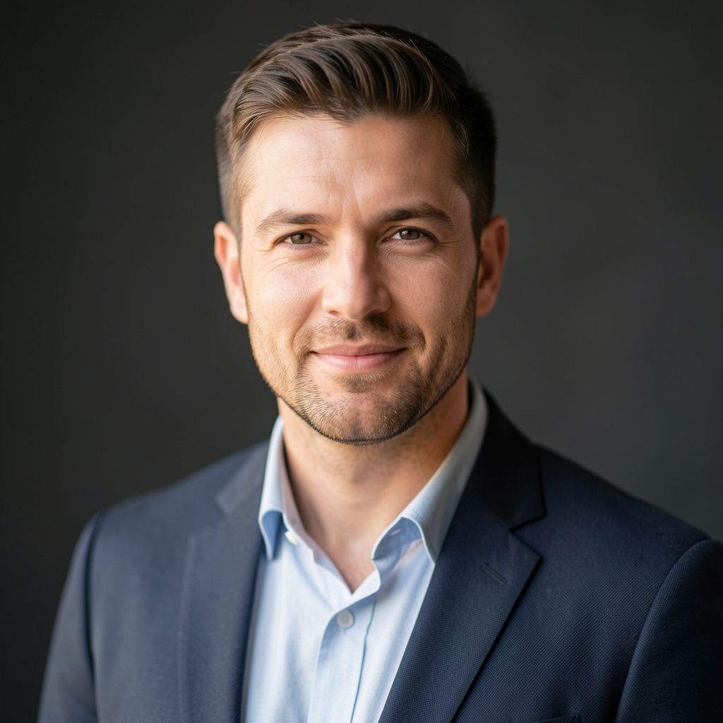 Editorial portrait of a man in his mid-thirties, natural light from a studio window, professional but relaxed posture, neutral dark background
