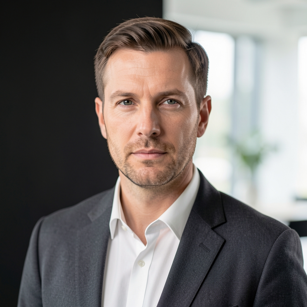 Editorial portrait of a man in his early forties, photographed against a dark background with controlled lighting emphasising facial structure, thoughtful expression