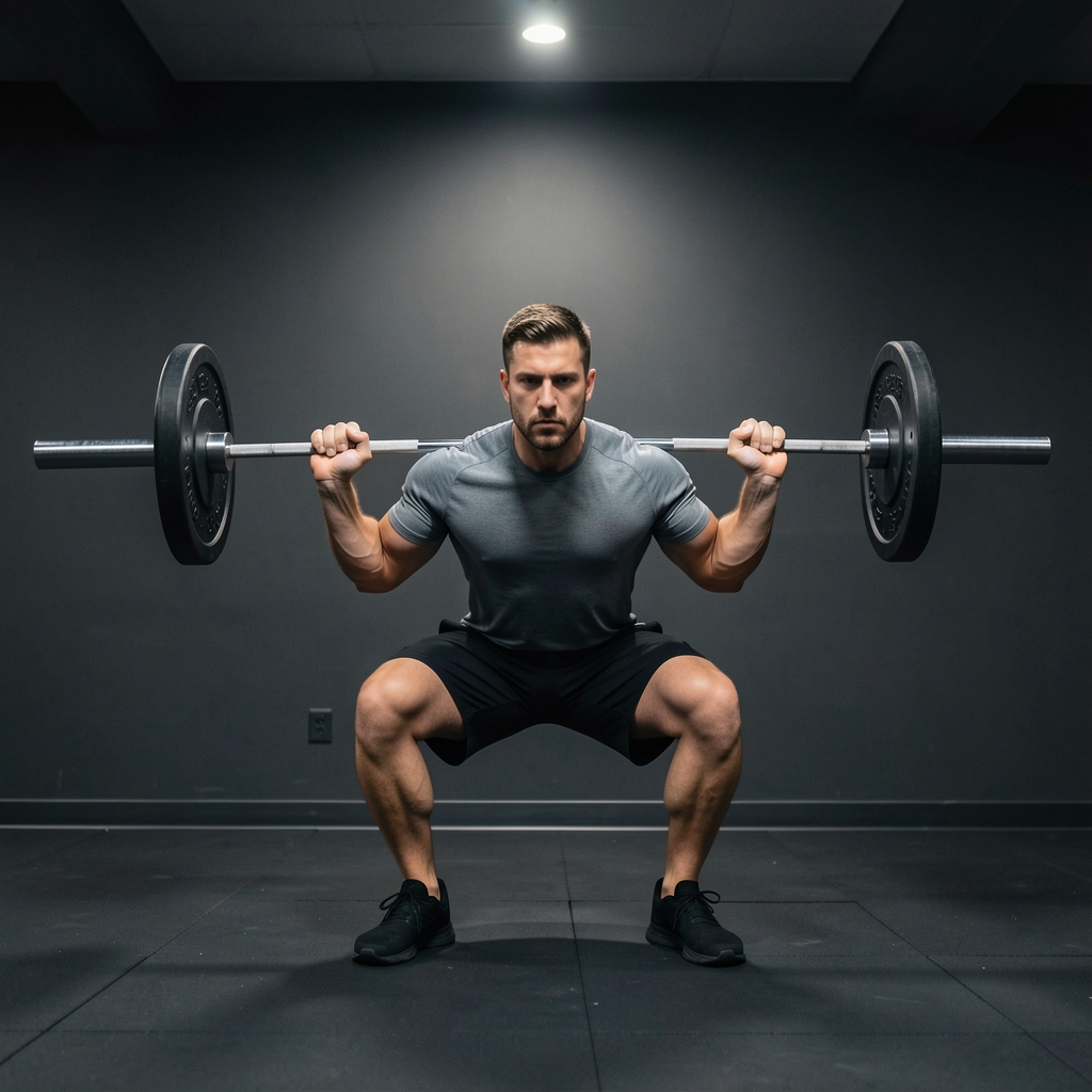 Man doing barbell squats in a minimalist gym with dark walls, controlled overhead lighting, focused expression during strength training session