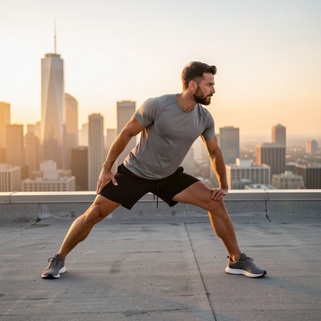 Man stretching in early morning on a rooftop with city skyline visible, golden hour light, athletic wear