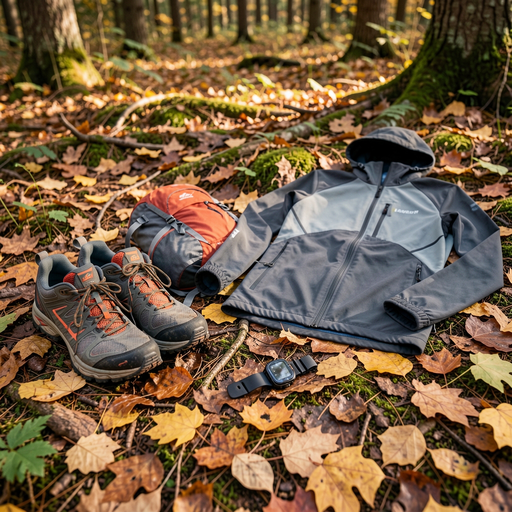 Trail running gear laid out on forest ground — trail shoes, hydration pack, performance jacket and GPS watch arranged on autumn leaves