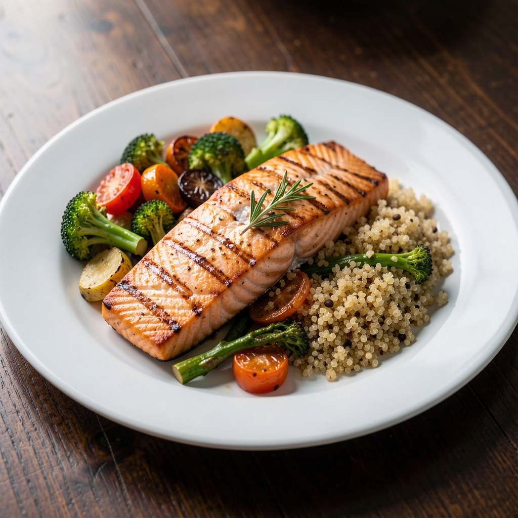 Plate of grilled salmon with roasted vegetables and quinoa on a dark wooden table, natural light from the side