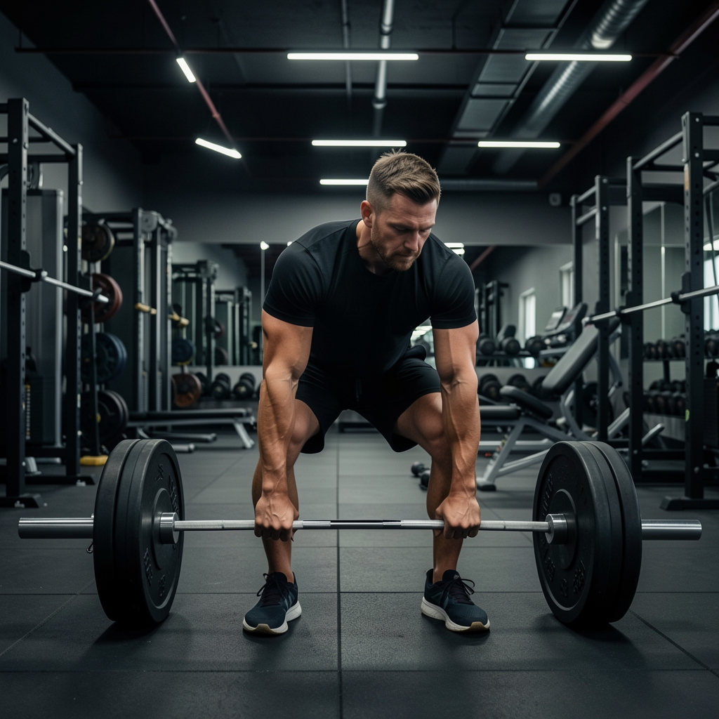 Man in a modern gym performing a deadlift with focused expression, dim industrial lighting, dark background