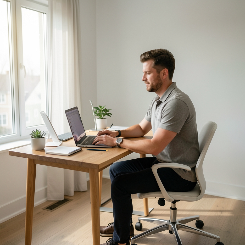 Man working at standing desk in a clean minimal home office with natural light, productivity setup